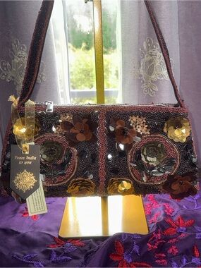NWT From India To You 3D Floral Beaded Shoulder Bag - Glam Baguette Purse